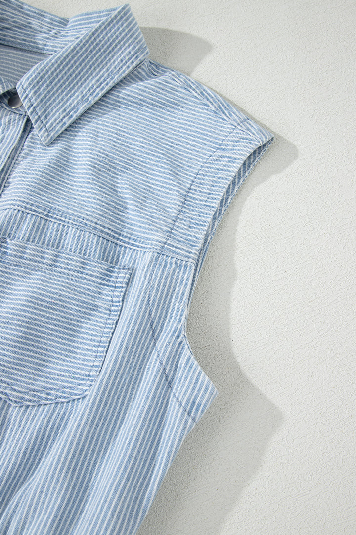 Sky Blue Stripe Sleeveless Denim Mini Dress