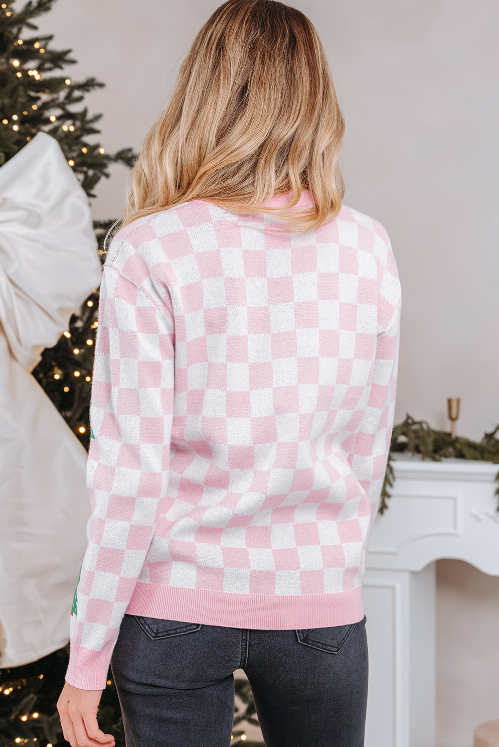 Pink Checkered Christmas Tree Pattern Button Cardigan Sweater