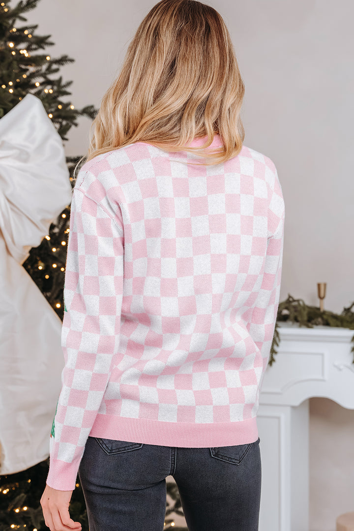 Pink Checkered Christmas Tree Pattern Button Cardigan Sweater