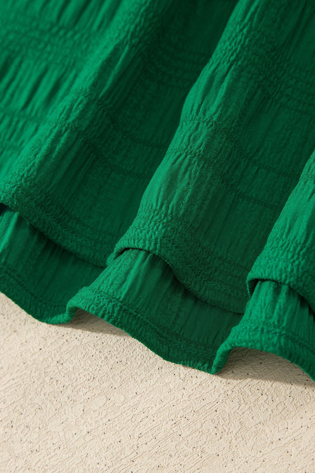 Dark Green Textured Square Neck Top and Shirred High Waist Shorts Set