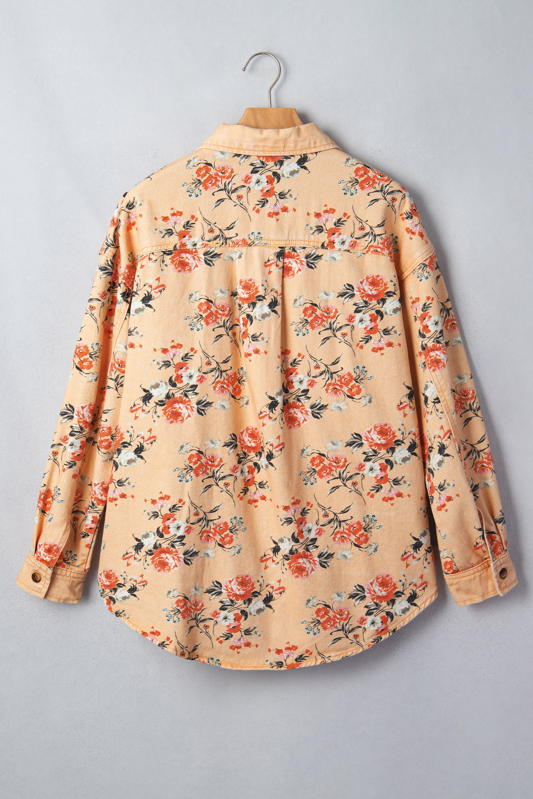 Khaki Floral Print Denim Jacket Shift Silhouette Tunic Length Casual Daily Wear