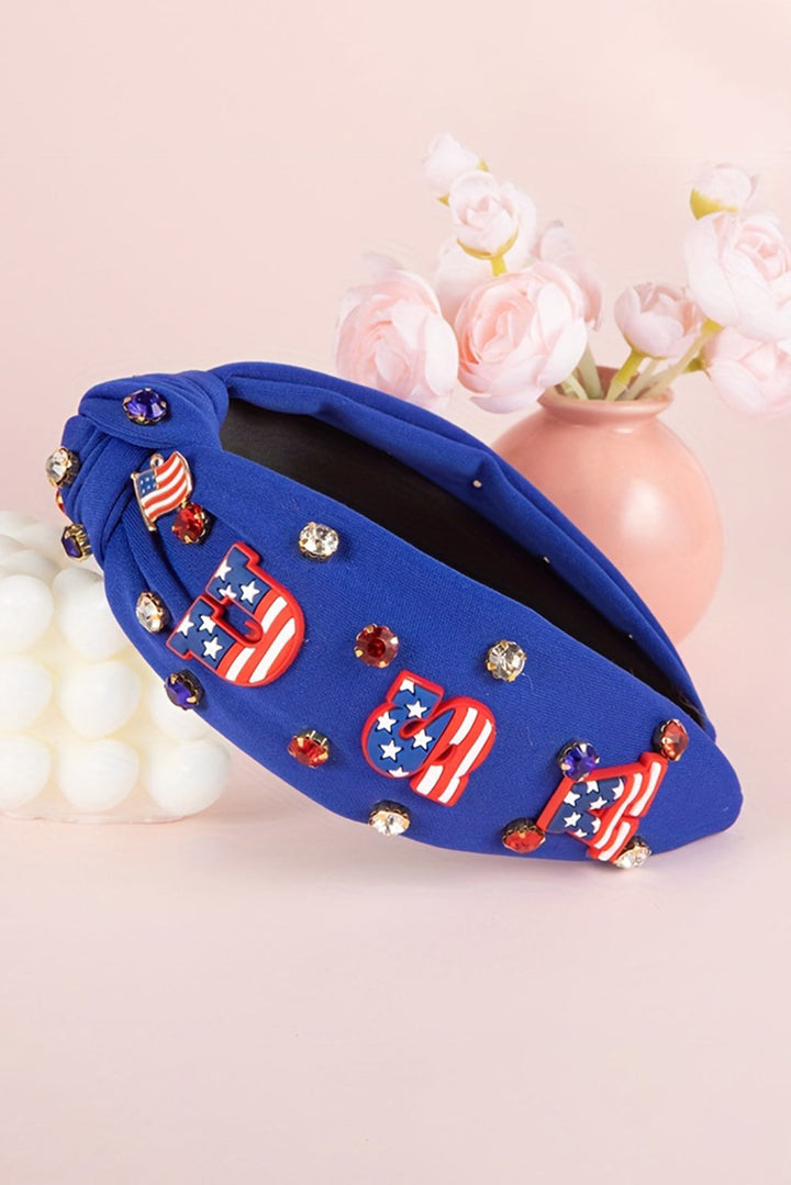 USA Flag Gemstone Decor Knotted Wide Headband