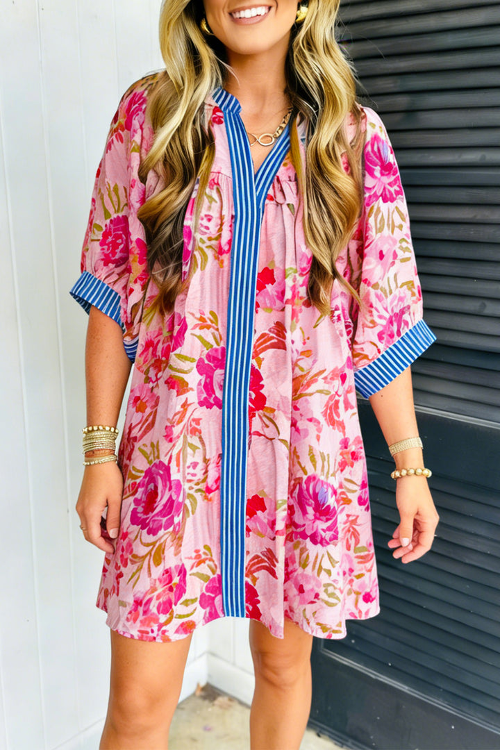 Multicolour Floral Striped Half Sleeve Mini Dress