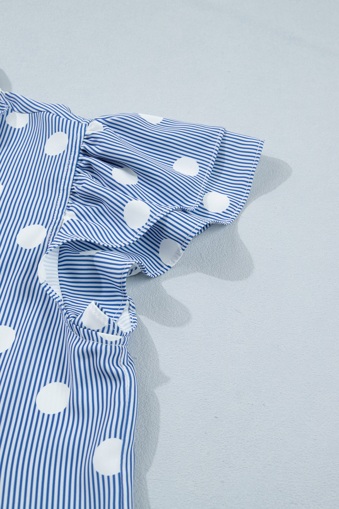 Sky Blue Stripe Contrast Polka Dot Print Pleated Ruffle Sleeve Shirt