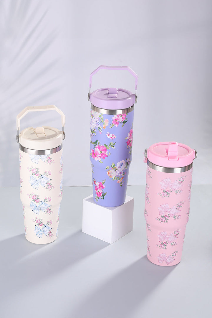 30OZ Trinkbecher mit Strohhalm und Schleife und Blumendruck