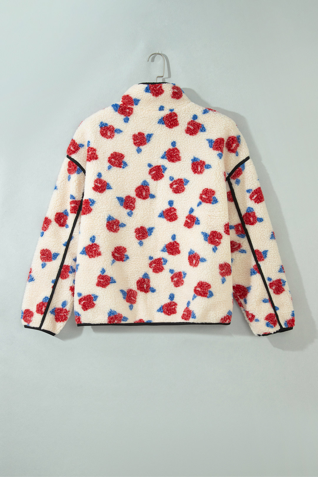 White Floral Print Zipper Stand Neck Outerwear Fleece Coat