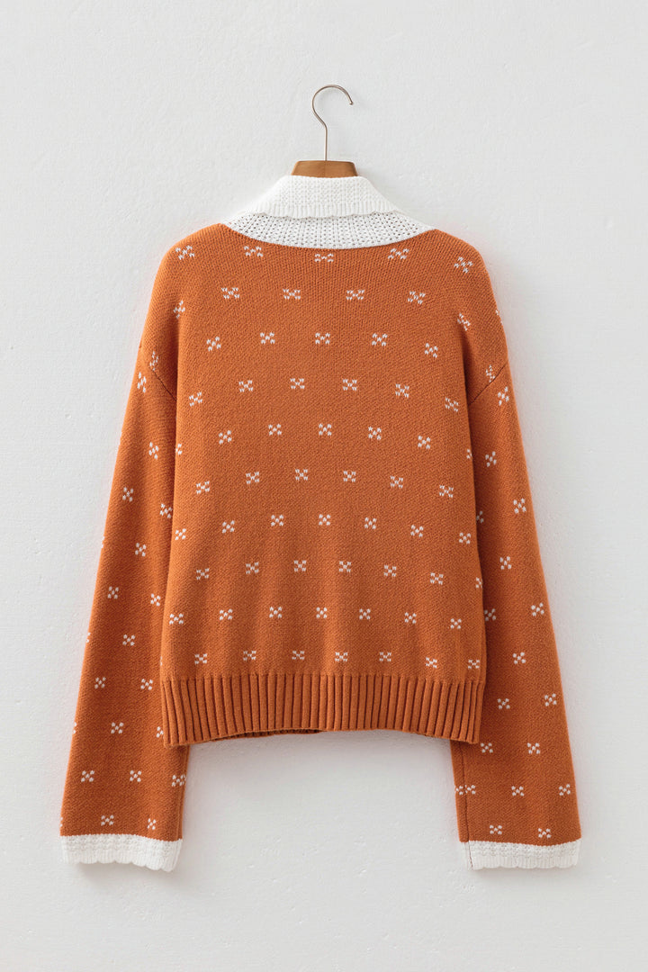 Orange Peter Pan Collar Colorblock Long Sleeve Knitwear Cardigan