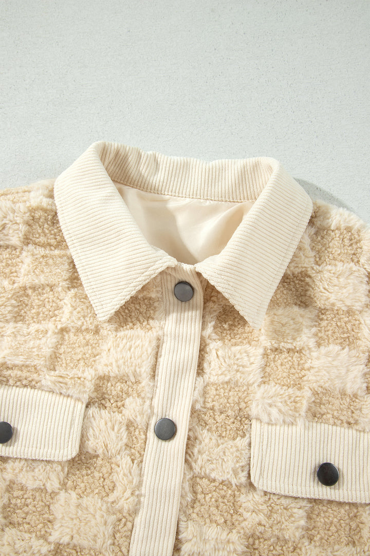 Khaki Plush Checkered Corduroy Shift Silhouette Shacket