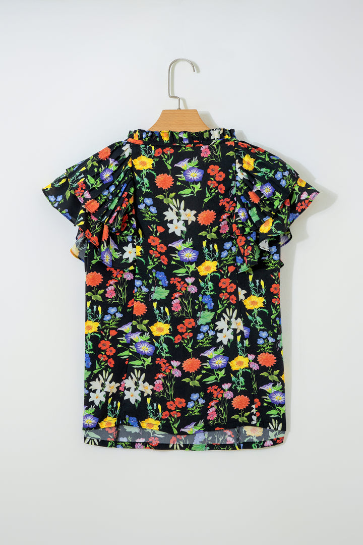 Tiered Flutter Sleeve V Neck Flower Blouse