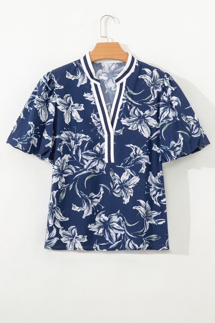 Floral Print Short Puff Sleeve Striped Trim V Neck Blouse