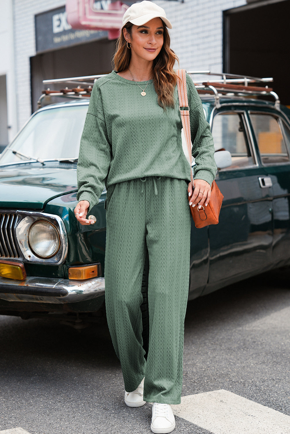 Smoke Green Textured Round Neck Sweatshirt &amp; Loose Drawstring High Waist Pant Set