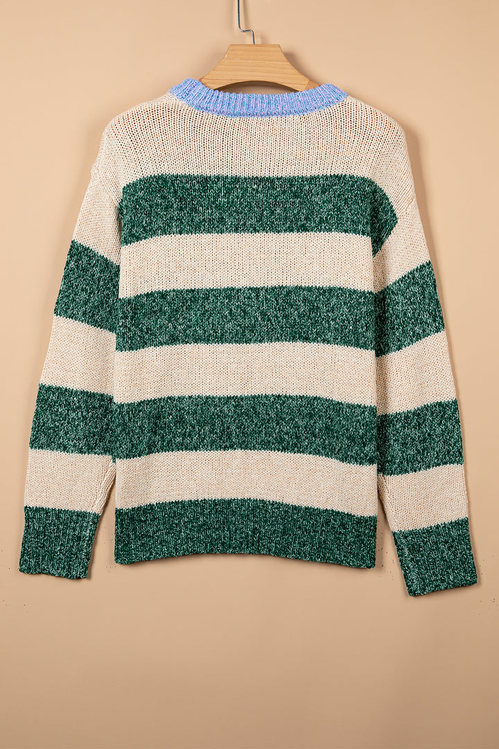 Green Stripe Colorblock Drop Shoulder Pullover Sweater