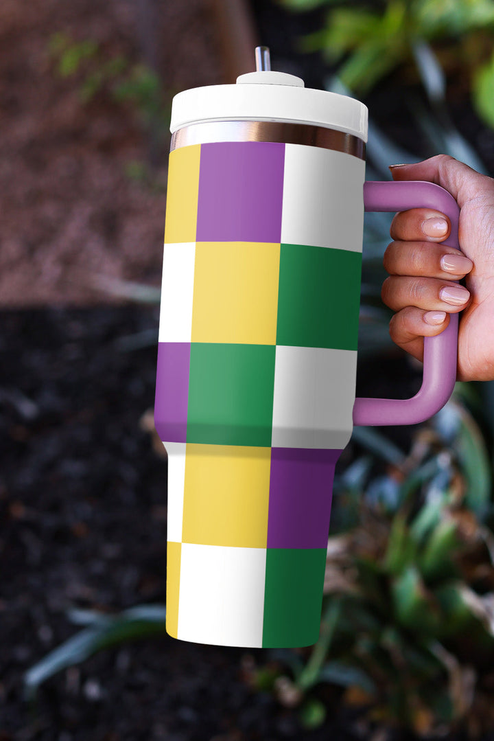 Mardi Gras Checkered Print Handle Large Tumbler 40oz