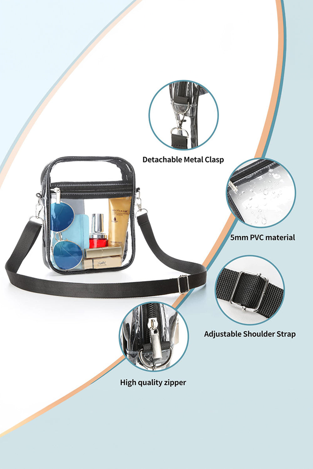 Sac bandoulière transparent en PVC avec fermeture éclair