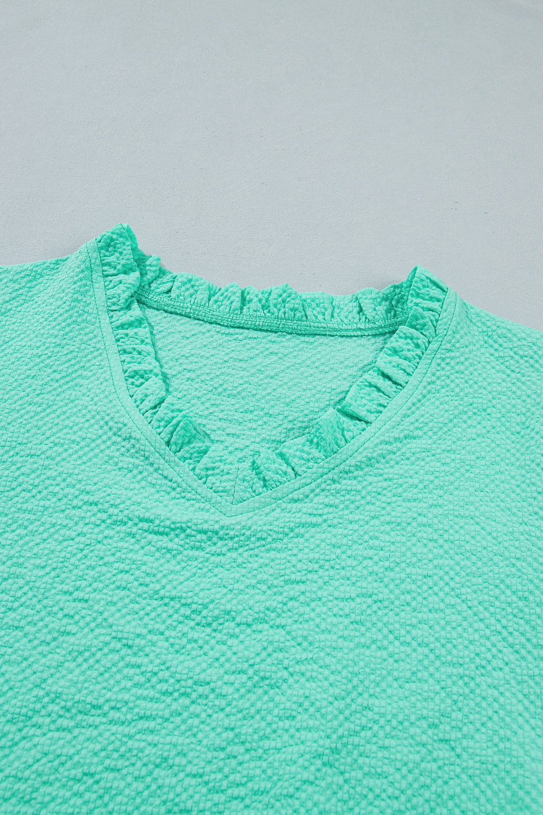 Mint Green Frilled V Neck Flower Embroidered Puff Sleeve Textured Blouse