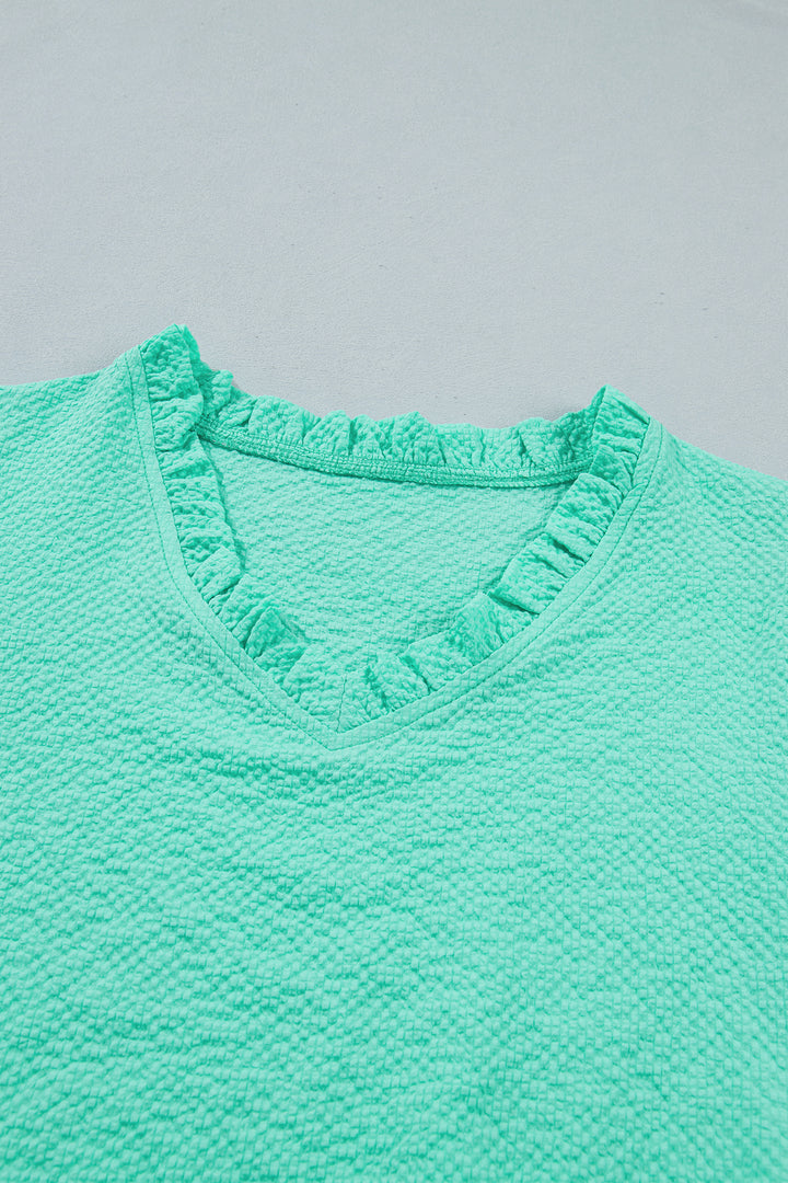 Mint Green Frilled V Neck Flower Embroidered Puff Sleeve Textured Blouse