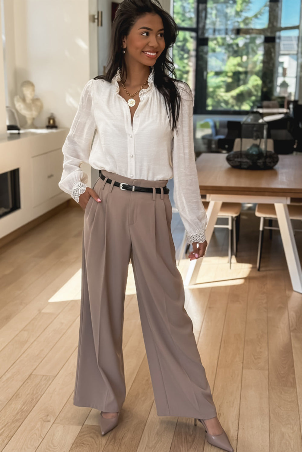 Lace Patchwork Buttoned Stand Neck Loose Shirt