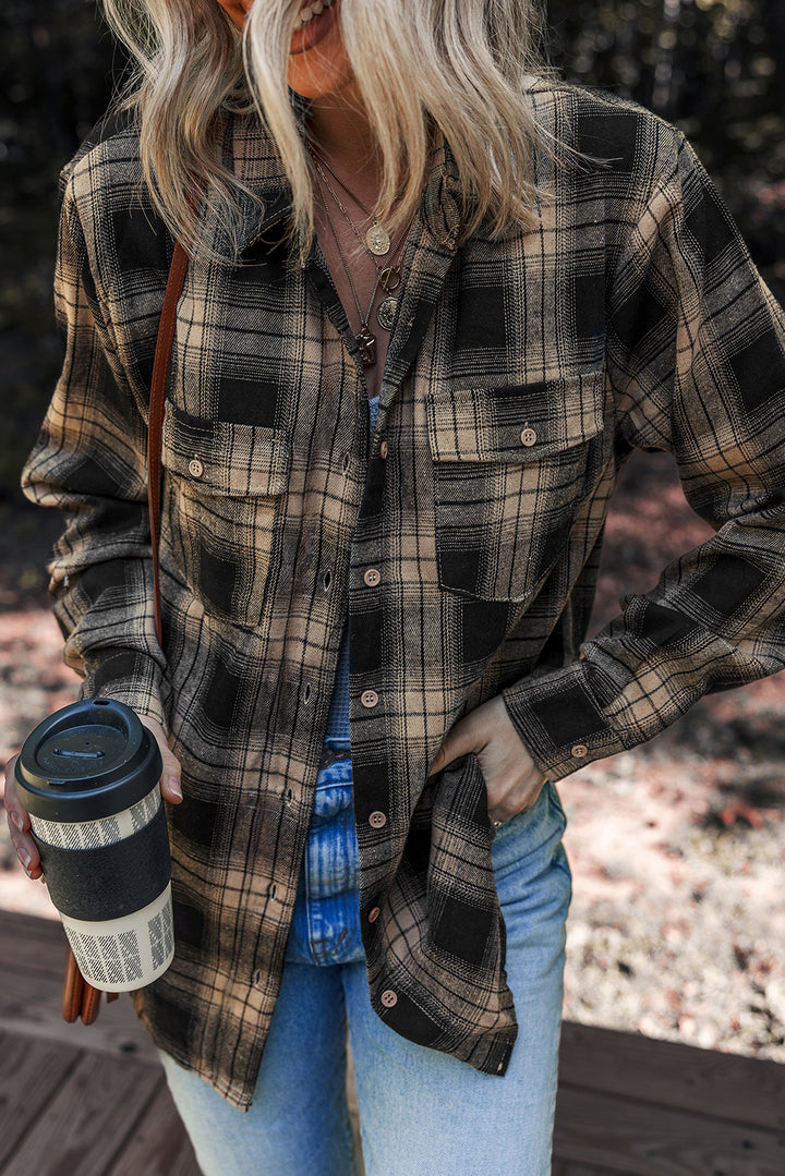 Multicolour Retro Plaid Double Flap Pocket Brushed Shacket