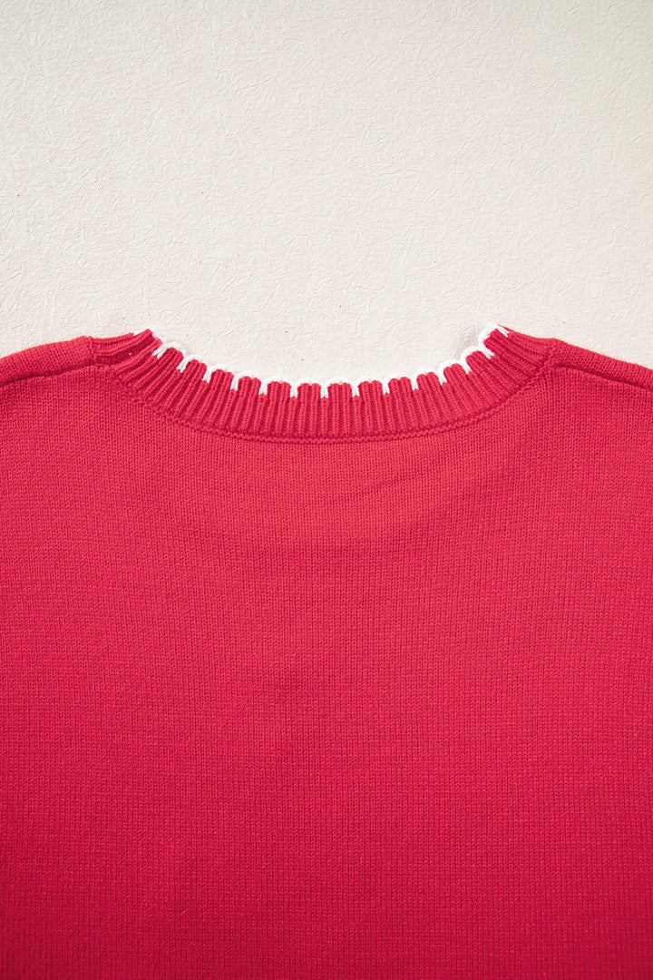 Racing Red Stitched Detail Christmas Tree Holiday Casual Sweater
