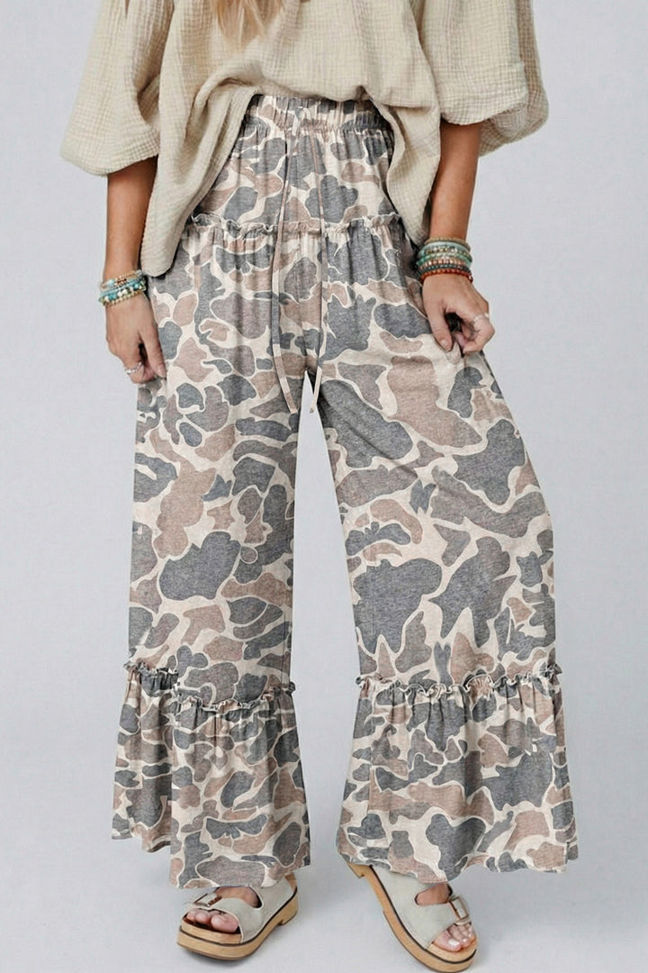 Multicolour Camo Print Wide Leg Casual Pants