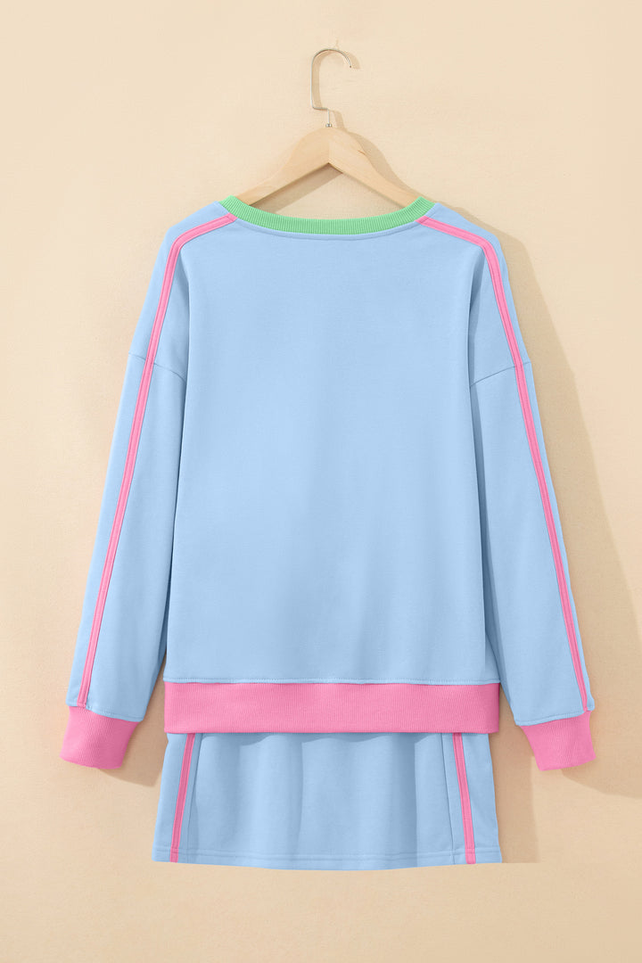Sky Blue Ribbed Colorblock Trim Sporty Pullover Mini Skort 2pcs Athleisure Set