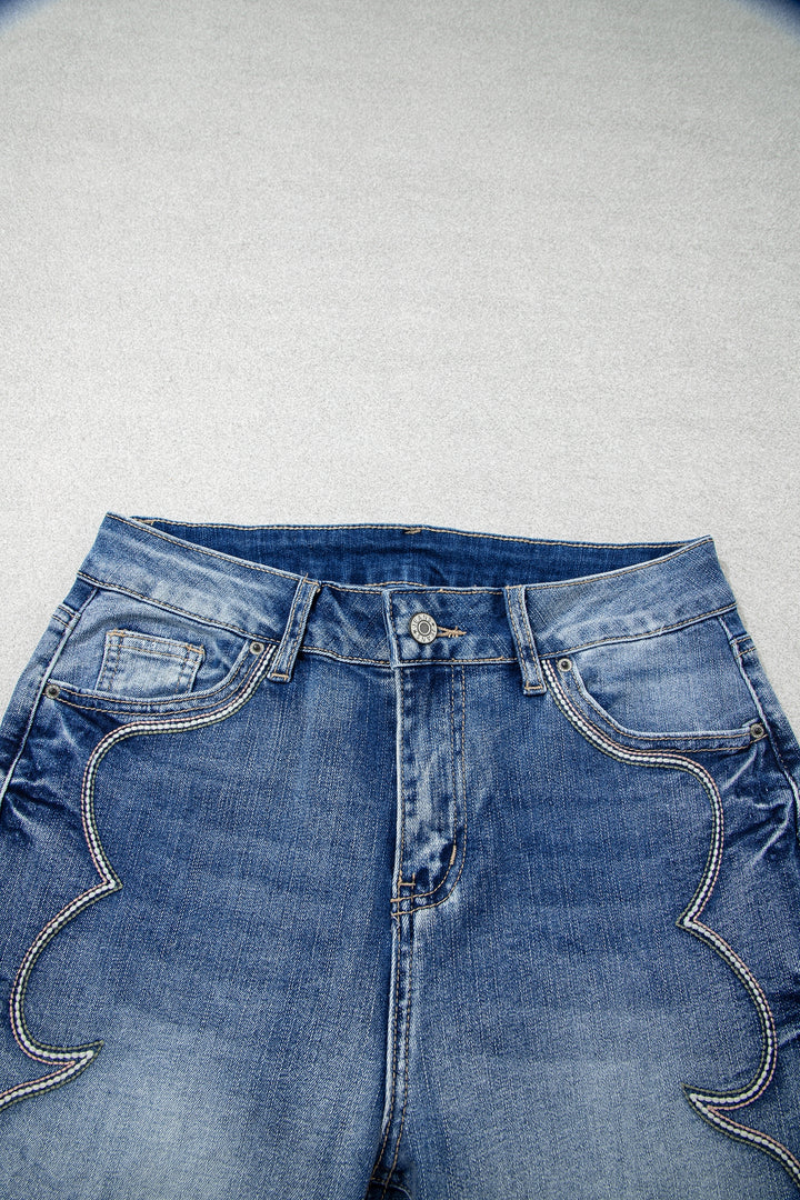 Blue Western Embroidered Flare Full Length Jeans