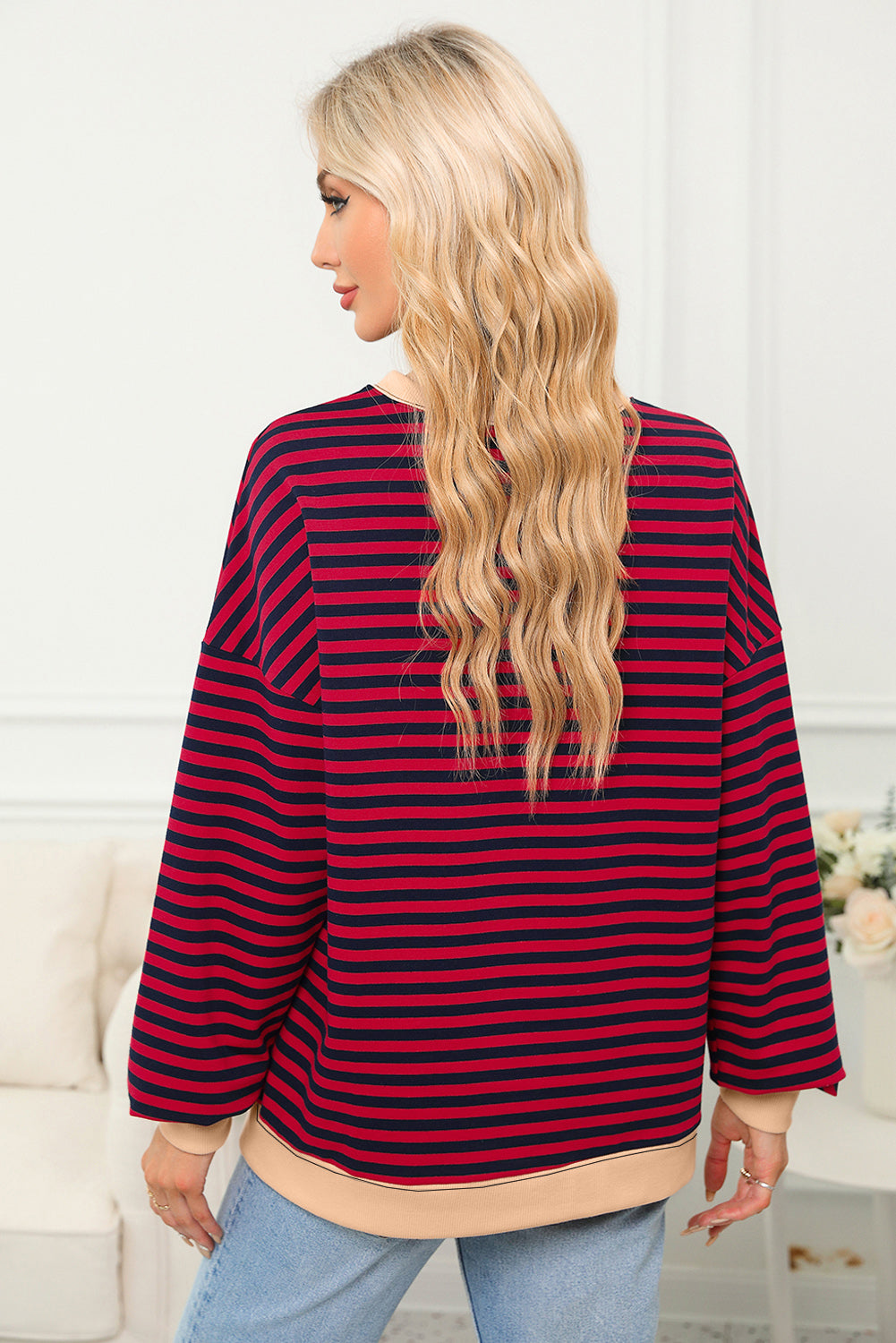 Contrast Ribbed Trim Crossed Stitch Drop Shoulder Sweatshirt