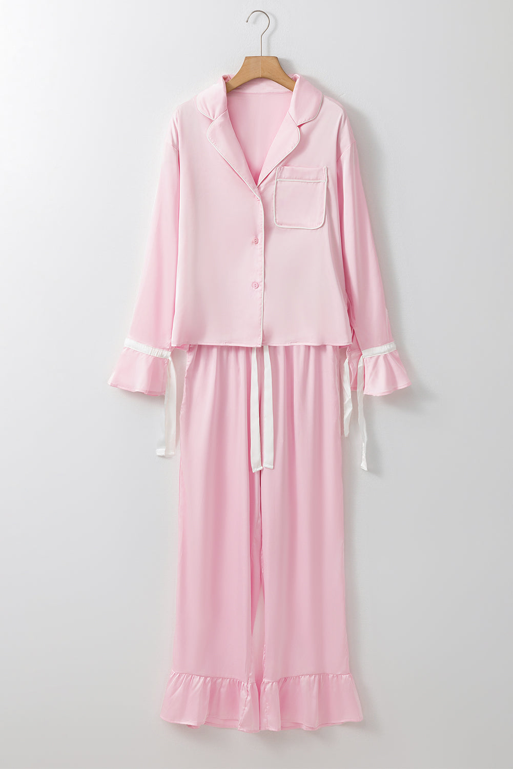 satin knot accent shirt and ruffled pants lounge set