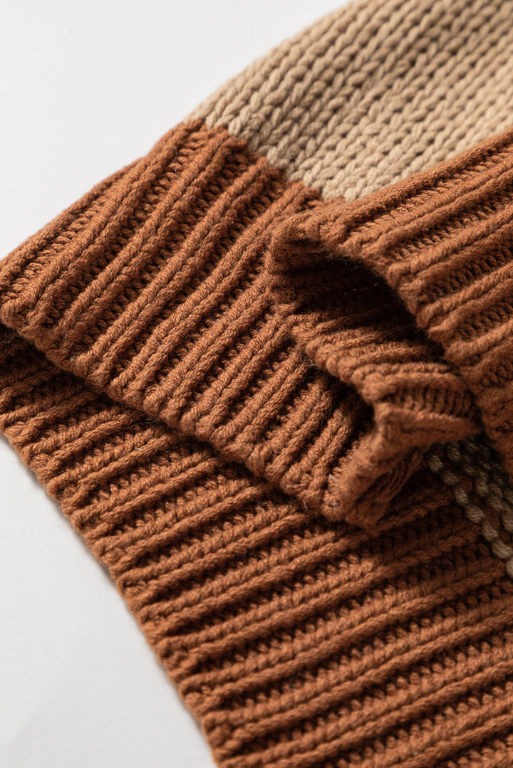 Light French Beige Contrast Stitch Detail Color Block Knitted Plus Size Sweater