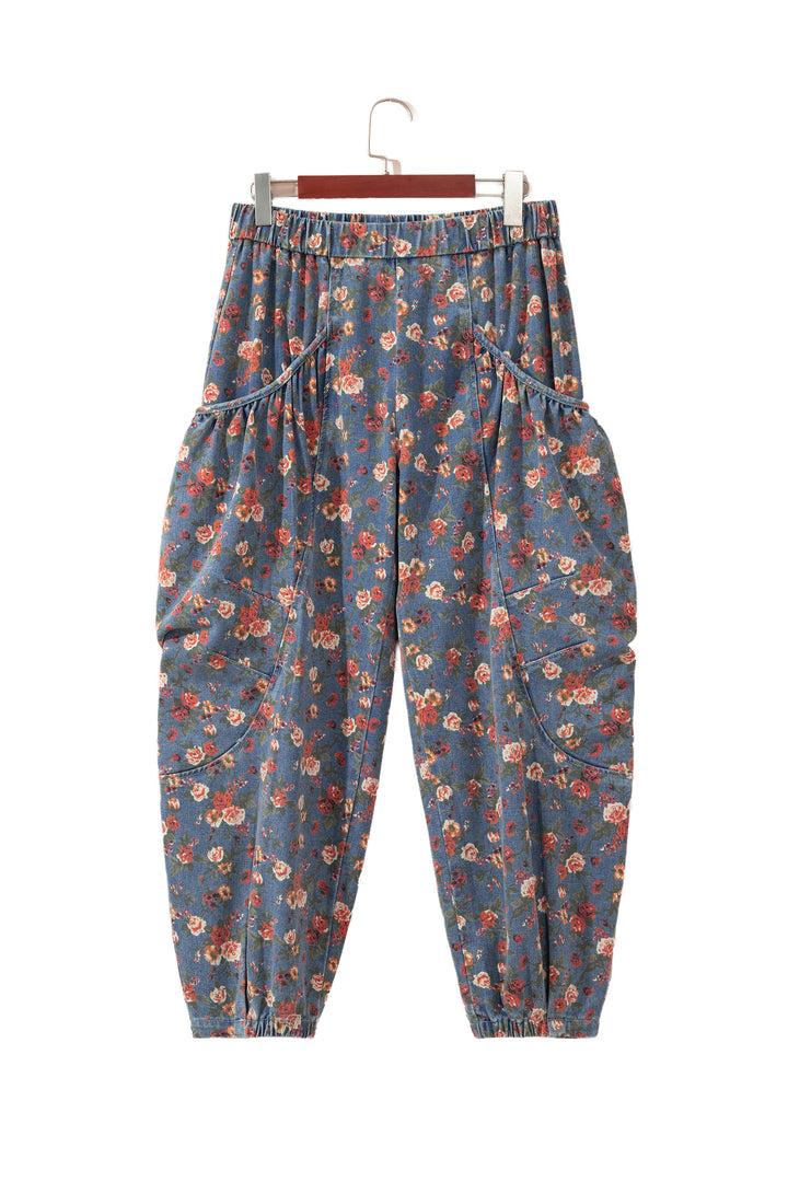 Beau Blue Retro Floral Print Elastic Waist Pocketed Barrel Jeans