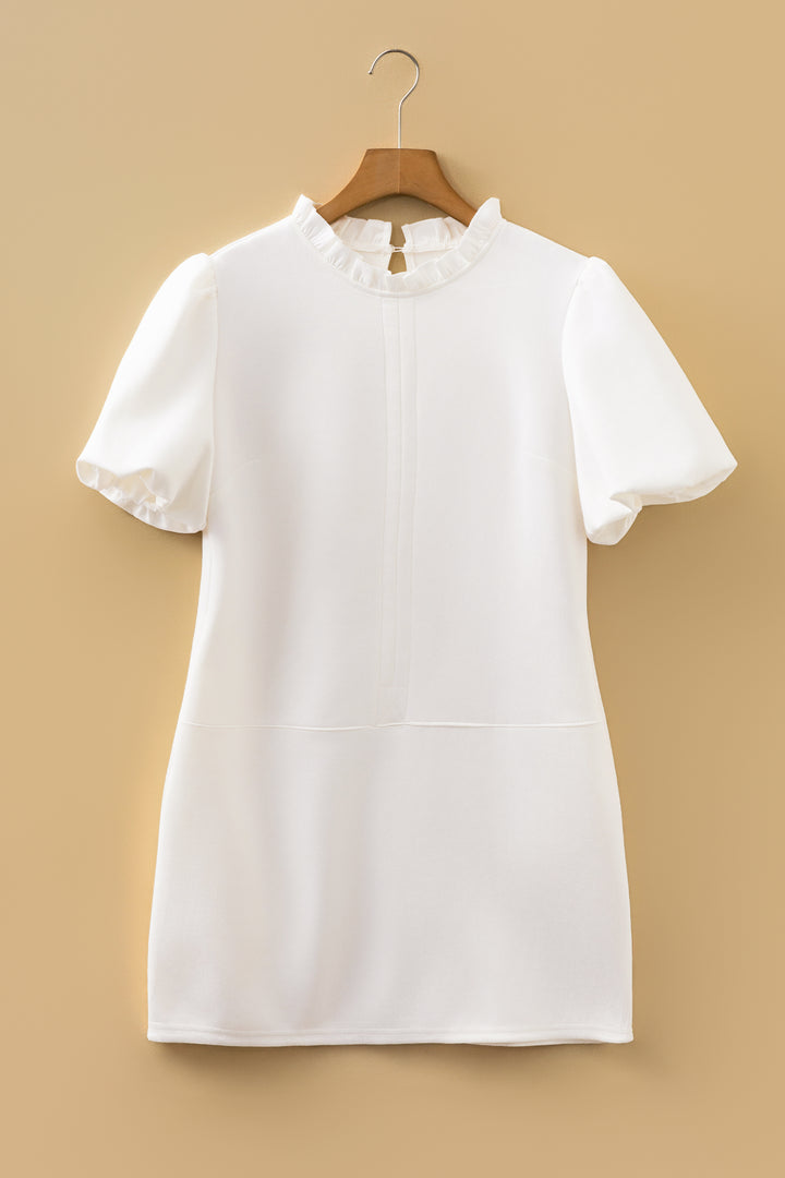 White Frilled Round Neck Short Puff Sleeve Shift Mini Dress
