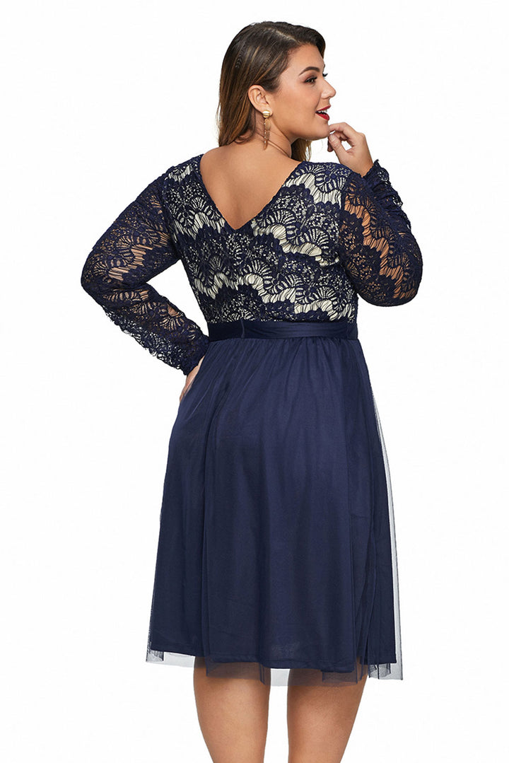 Robe mi-longue noire en tulle et dentelle à col festonné grande taille