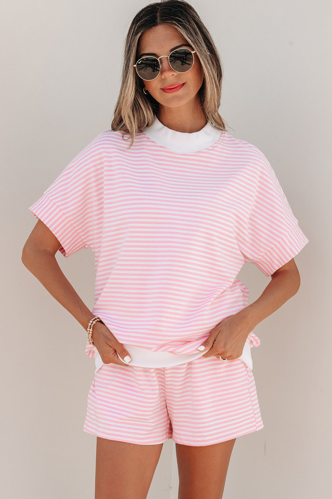 Pink Stripe Cuffed Sleeve Contrast Mock Neck Tee Casual 2pcs Short Set