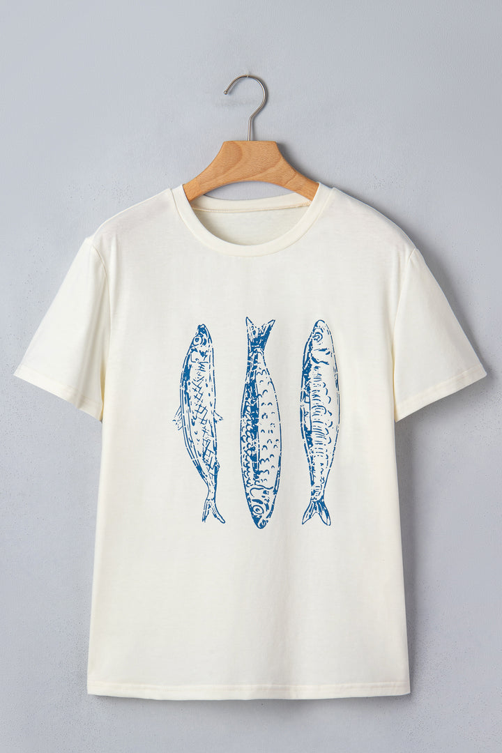 White Fish Print Short Sleeve Round Neck T Shirt