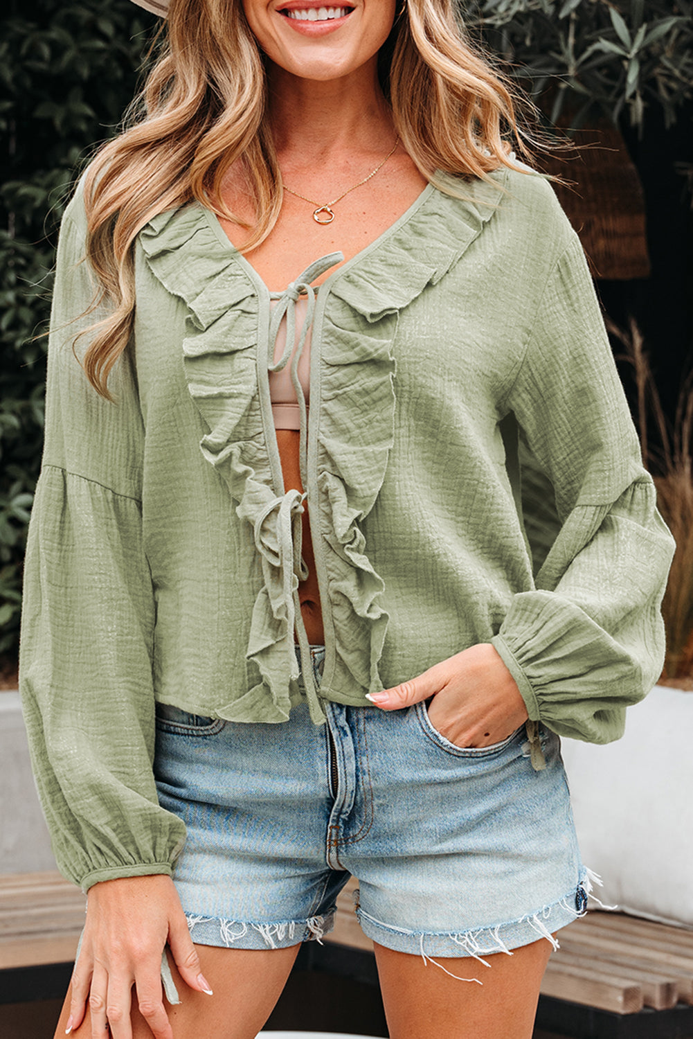 Bow Tie Front Ruffle Trim V Neck Long Sleeve Gauze Blouse