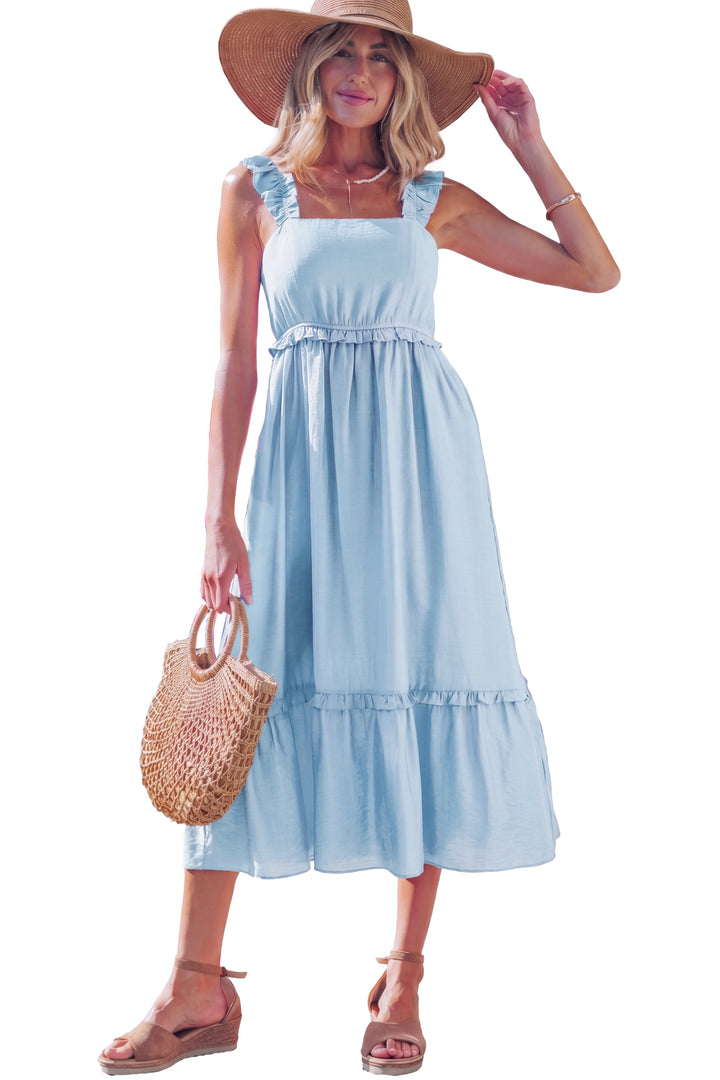 Beau Blue Solid Color Ruffle Trim High Waist Sleeveless Maxi Dress
