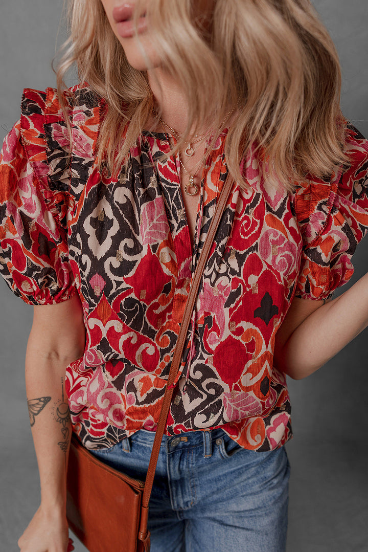 ethnic print split neck short puff sleeve blouse
