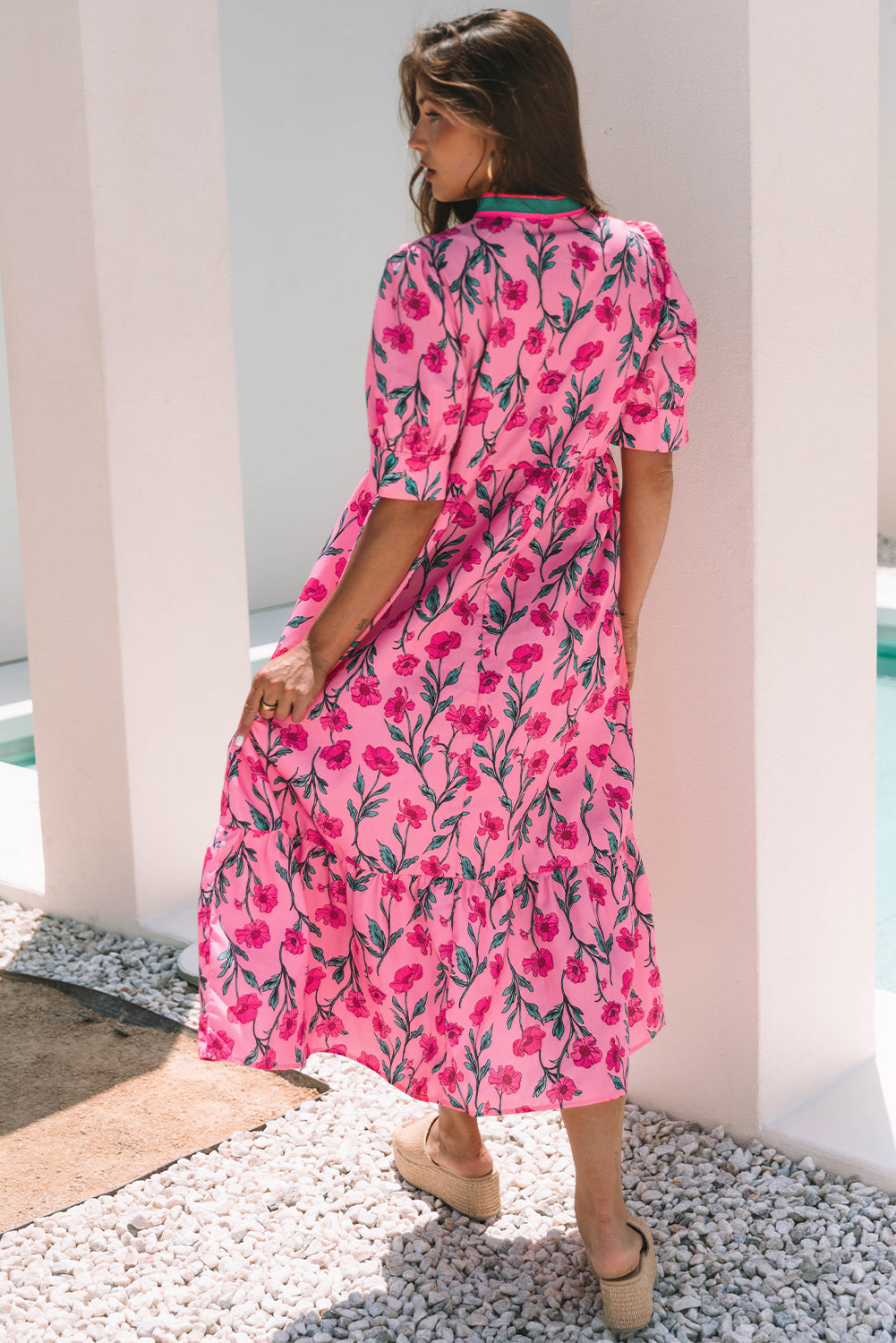 Floral Contrast Neckline A-line Puff Sleeve Long Dress