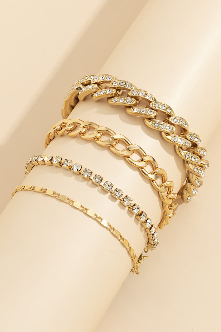 4pcs Rhinestone Decor Adjustable Chain Plated Bracelet Set