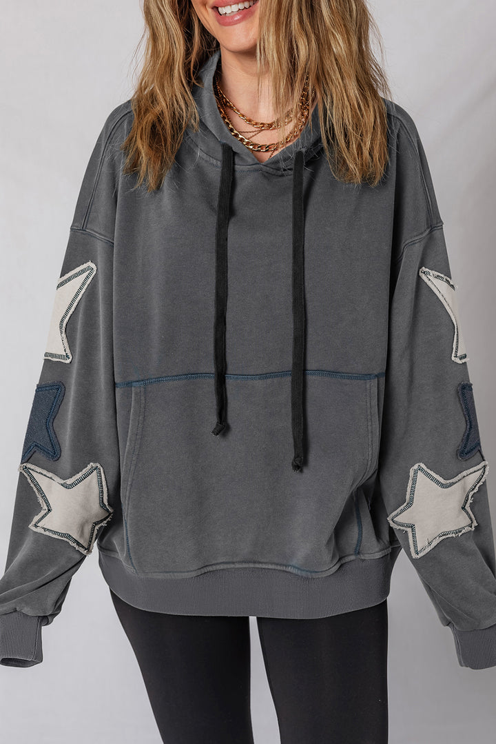 Star Patchwork Contrast Stitching Mineral Wash Kangaroo Pocket Vintage Hoodie