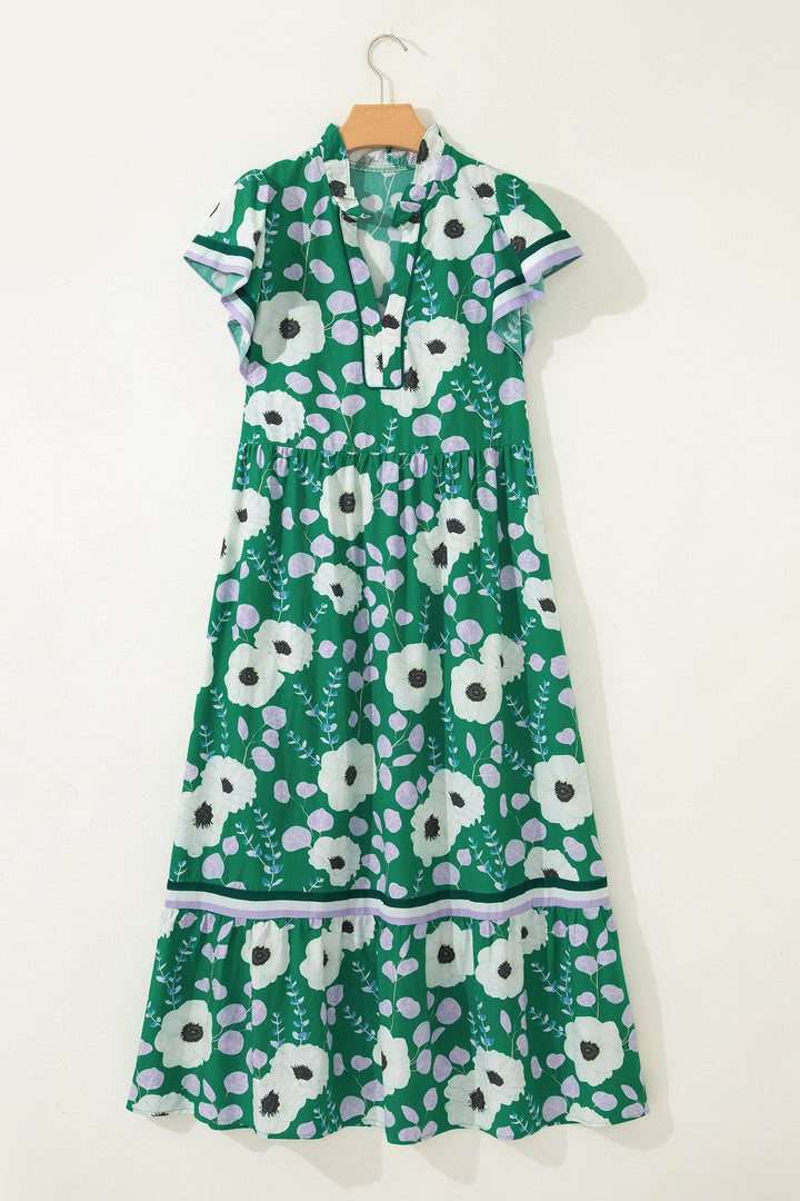 Green V Neck Ruffled Short Sleeve Flower Maxi Dress