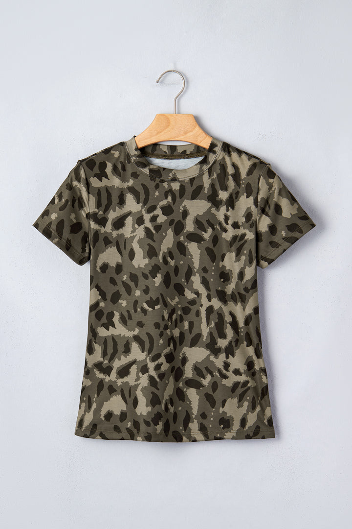 Casual Retro Leopard Print Mock Neck Slim Tee