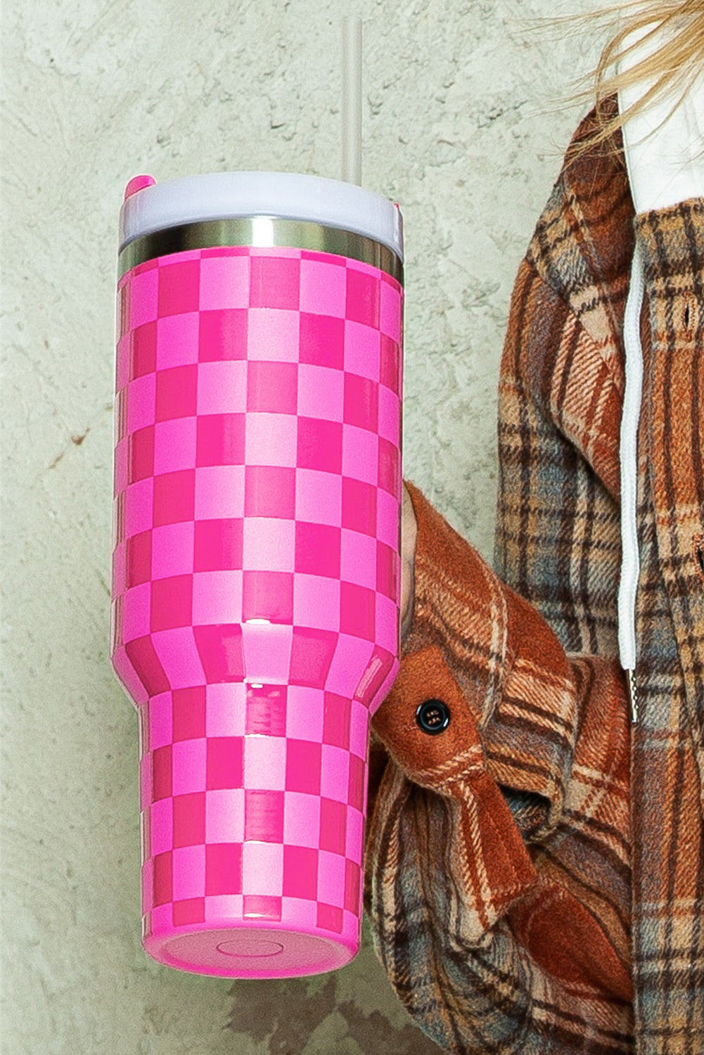 Checkered Print Handled Stainless Steel Tumbler Cup 40oz