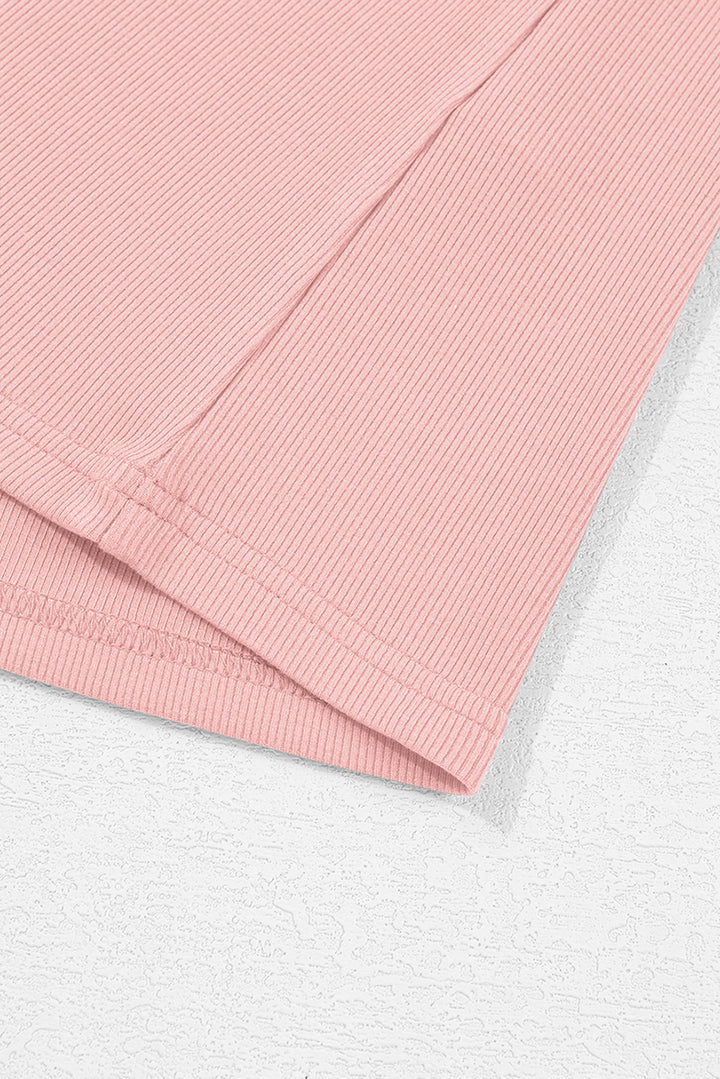 Light Pink Ribbed Pearl Beaded Puff Sleeve Top