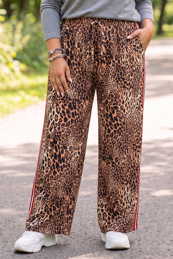 Khaki Leopard Print Side Stripes Wide Leg Full Length Plus Size Pants