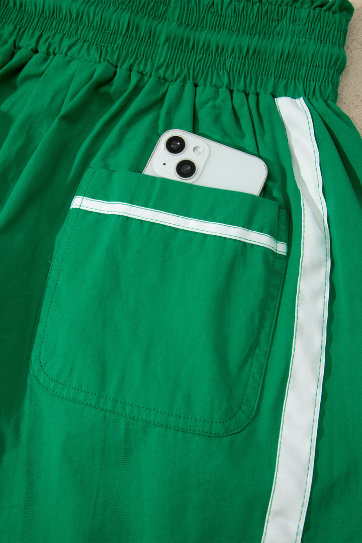 Bright Green Contrast Striped Smocked Waist Drawstring Cropped Casual Pants