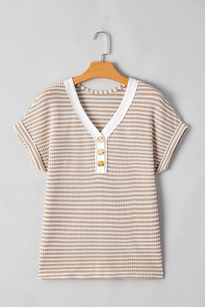 Buttoned Front V Neck Knitted T Shirt