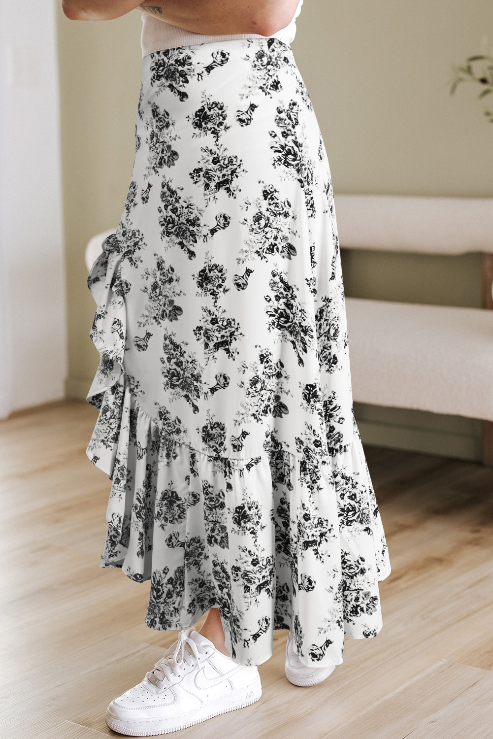 White Black Boho Floral High Waist Ruffle Split Maxi Skirt