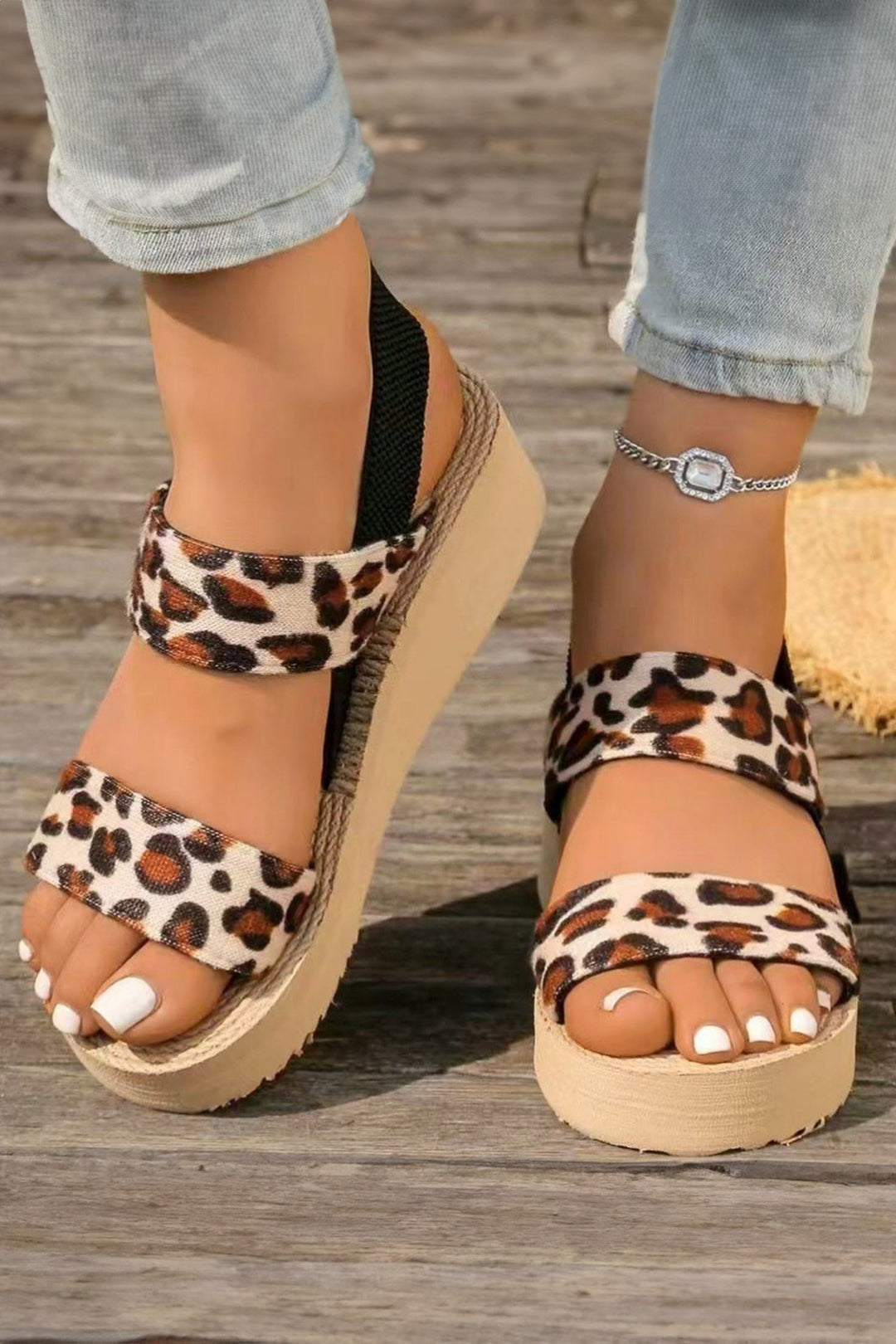 Thai Curry Leopard Double Straps Woven Textured Sole Casual Sandals