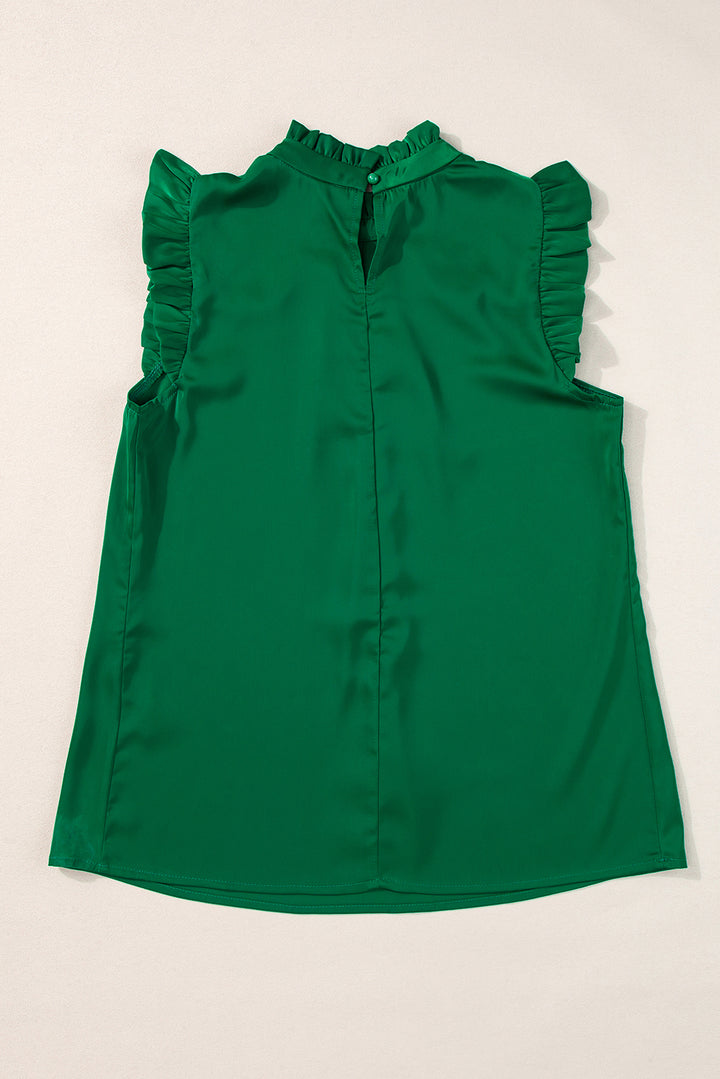 Pleated Mock Neck Frilled Trim Sleeveless Top